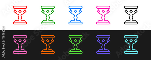 Set line Medieval goblet icon isolated on black and white background. Vector.