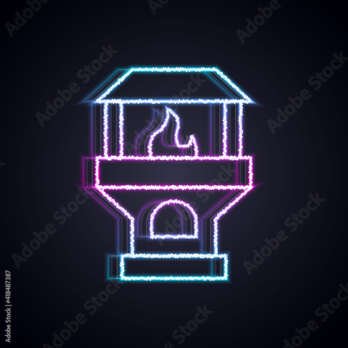 Glowing neon line Brick stove icon isolated on black background. Brick fireplace, masonry stove, stone oven icon. Vector.