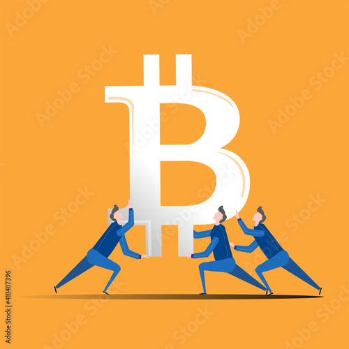 Illustration of a raising currency, and  few men supporting it. Bitcoin icon. Digital currency sign, blockchain based internet money, cryptocurrency symbol.