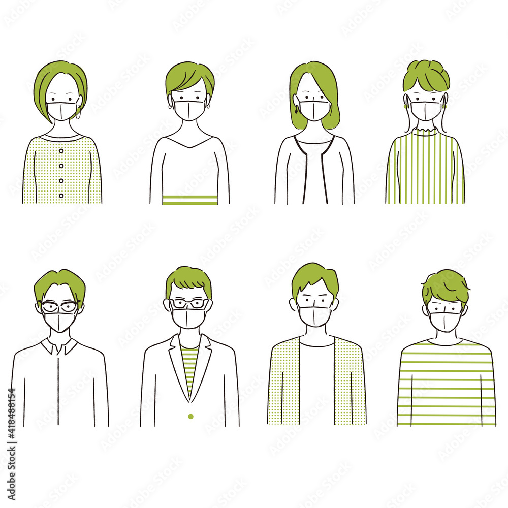 手描き1color アバター マスクを着けた男女8人 人物イラスト Stock Vector Adobe Stock