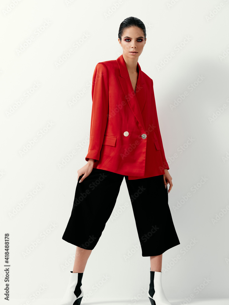 woman in trendy suit modern style bright makeup isolated background woman in trendy suit modern style bright makeup isolated background