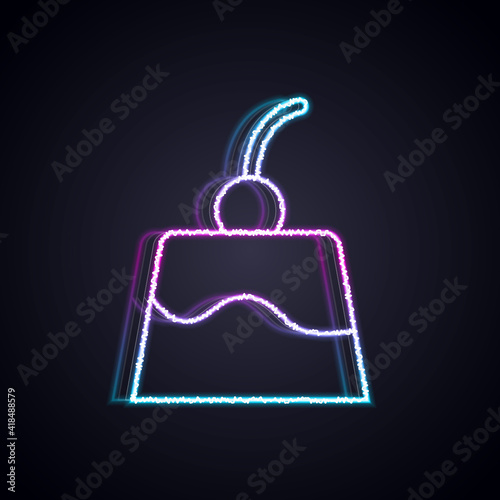 Glowing neon line Pudding custard with caramel glaze icon isolated on black background. Vector.