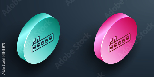 Isometric line Sound mixer controller icon isolated on black background. Dj equipment slider buttons. Mixing console. Turquoise and pink circle button. Vector.