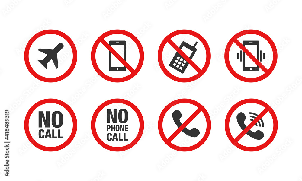 Collection of vector illustrations of the prohibition of using mobile phones. Signs prohibit turning on smart phones. No call sign icon set. Collection of vector illustrations of the prohibition of using mobile phones. Signs prohibit turning on smart phones. No call sign icon set.