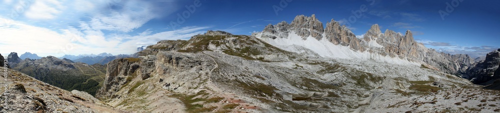 View over Wolkenstein and the cir peaks from the Stevia hut in dolomites, italy, panoramic scenic