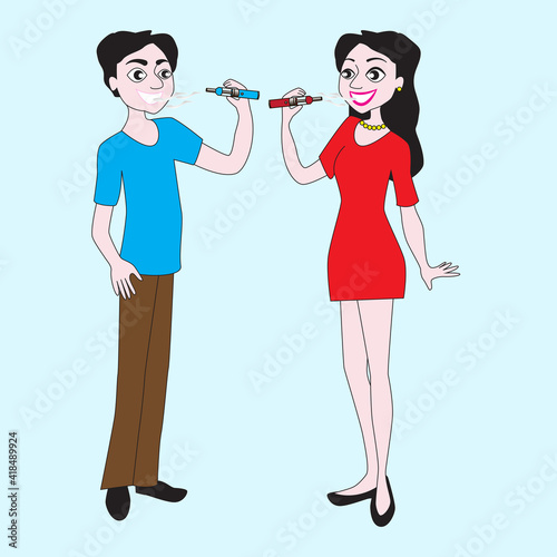 A young girl and a young guy smoke electronic cigarettes.