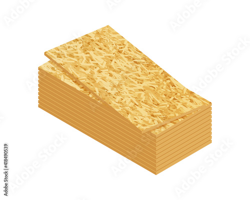 Isometric vector illustration OSB boards from wood chips isolated on white background. Realistic wooden building materials vector icon in flat cartoon style. Stack of wooden boards for construction.