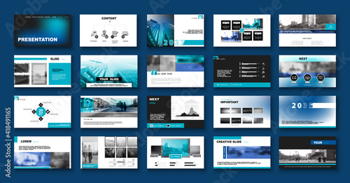 Geometric business presentation, Powerpoint, blue design elements, infographic template on white background, set. New technology. Use in flyers SEO-marketing, webinar, annual report, computer, phone