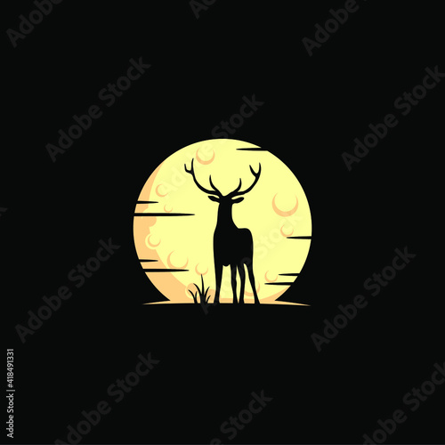 Vector silhouette of deer on moon background. Symbol of night.