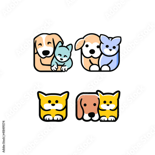 set of Cute funny cats and dogs logo, 
pets cartoon collection. Furry human friends home animals