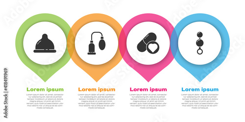 Set Condom, Penis pump, Pills for potency, aphrodisiac and Anal beads. Business infographic template. Vector.