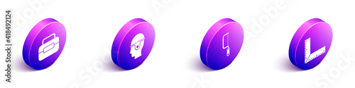 Set Isometric Toolbox, Worker safety helmet, Hacksaw and Corner ruler icon. Vector.