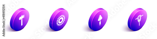Set Isometric Hammer, Circular saw blade, Trowel and Electric rotary hammer drill icon. Vector.