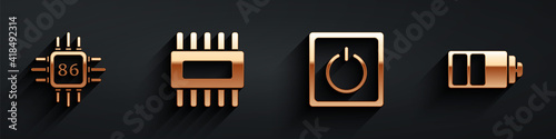 Set Processor with microcircuits CPU, Processor with microcircuits CPU, Electric light switch and Battery charge level indicator icon with long shadow. Vector.
