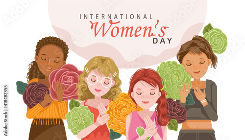 women's day. Girls international holding flowers. Four beautiful women wint letter: international women's. They closed their eyes, smiling as their hands rested on their chest.