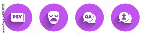 Set Psychology, Psi, Drama theatrical mask, Question and Answer and Graves funeral sorrow icon with long shadow. Vector.