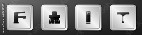 Set Water tap, Handle broom, Shaving gel foam and Rubber cleaner icon. Silver square button. Vector.