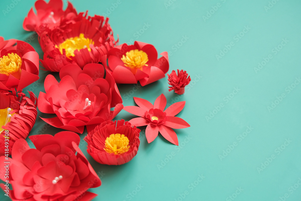 Hello, spring. With red paper flowers and green leaves Hello, spring. With red paper flowers and green leaves