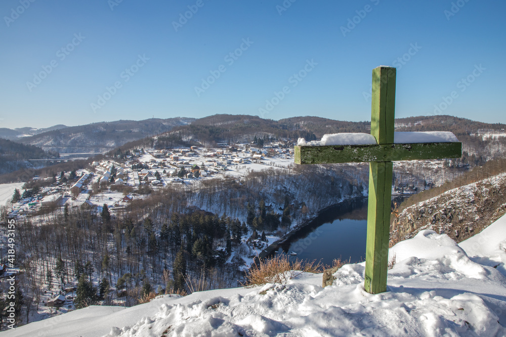 cross in the snow / Vltava river view / Czech Republic cross in the snow / Vltava river view / Czech Republic
