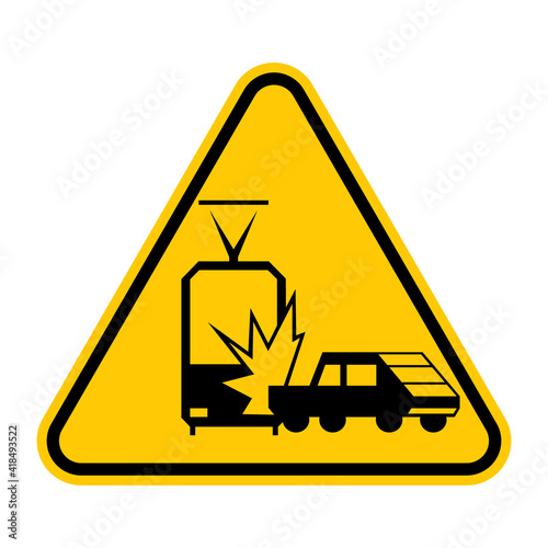 Risk of accident with tram road sign. Vector illustration of yellow triangle warning sign with car crash with train icon inside. Vehicles collision traffic sign. Transportation wreck. Caution symbol.