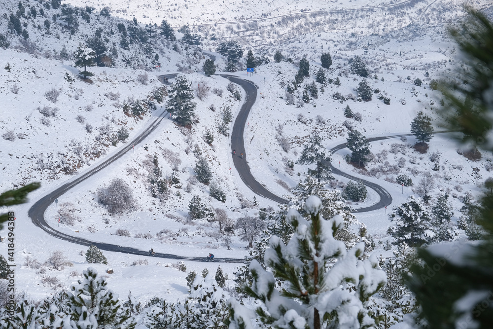 winding mountain roads and mountainous winter landscapes