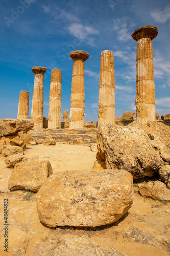 View of the Valle dei Templi near Agrigento in Sicily. A sunny morning with beautiful light emphasizes the charms of Greek ruins.