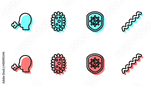 Set line Shield protecting from virus, Man coughing, Virus and icon. Vector.