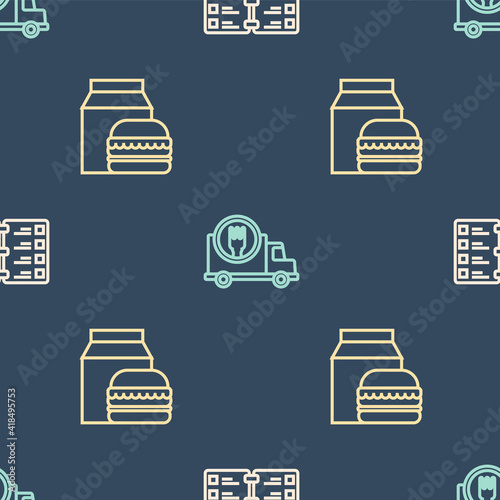 Set line Restaurant cafe menu, Online ordering and burger delivery and Fast by car on seamless pattern. Vector.