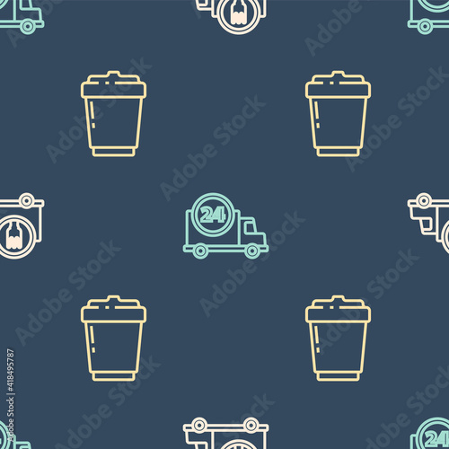 Set line Fast delivery by car, Coffee cup to go and on seamless pattern. Vector.
