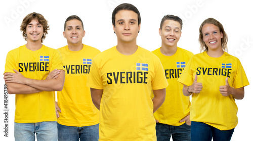 Football fan from Sweden with group of swedish supporters photo