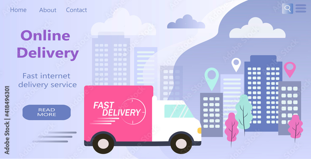 vector illustration. a set of pictures on the theme of fast delivery - a truck drives through the city to its destination. delivery goods. the inscription 