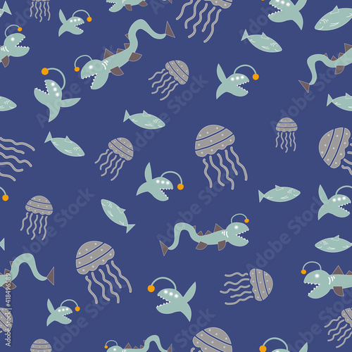 deep sea fish and jellyfish. seamless vector pattern ocean doodles © Dmitry Zaryov
