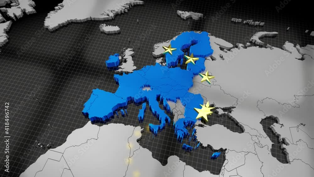 European Union map and flag, falling stars - 4K animation (3840x2160 px), 3D rendering.