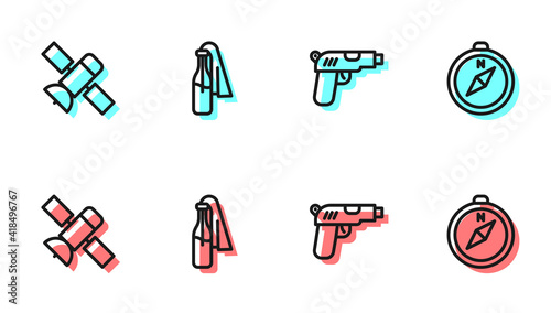 Set line Pistol or gun, Satellite, Cocktail molotov and Compass icon. Vector.
