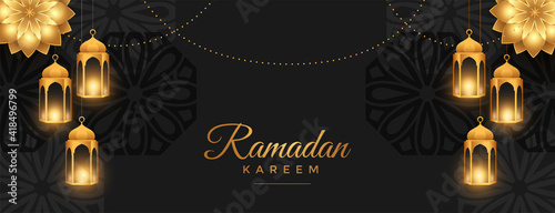 beautiful ramadan kareem wide banner in black and golden style