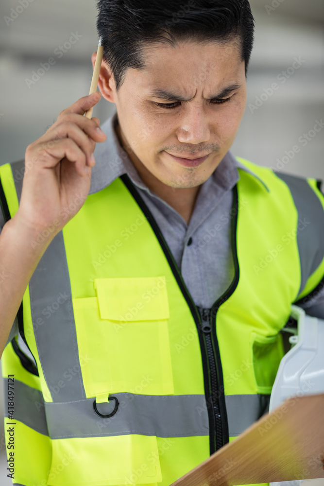 Handsome young Asian engineer in yellow reflective vest writing on chart board with seriouse face Handsome young Asian engineer in yellow reflective vest writing on chart board with seriouse face