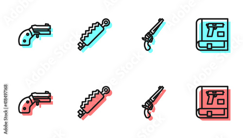 Set line Revolver gun, Small revolver, Trap hunting and Book with pistol or icon. Vector.