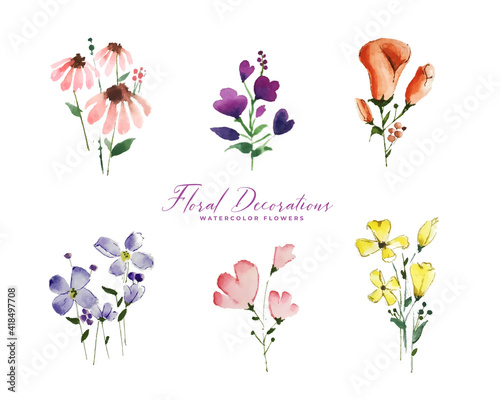 set of isolated cute watercolor flowers elements