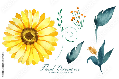 watercolor sunflower and leaves collection elements