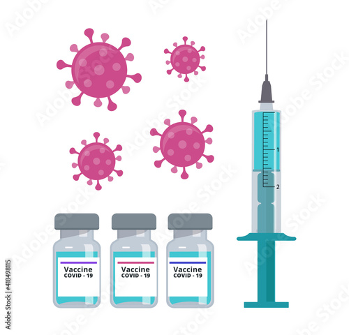 Vaccination against covid-19 concept. Vaccine bottles and syringe injection tool for immunization treatment. Vector