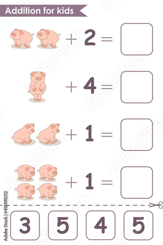 Addition game with cute pigs. Math game for kids. Solve the equations by counting the pigs. Worksheet for preschoolers. Vector illustration.
