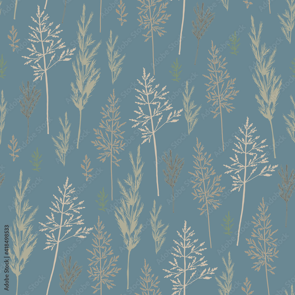 Seamless botanical pattern of various field grass elements. Concept of ecology, environment, conservation. For paper, cover, fabric. vector