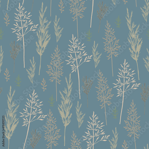 Seamless botanical pattern of various field grass elements. Concept of ecology, environment, conservation. For paper, cover, fabric. vector