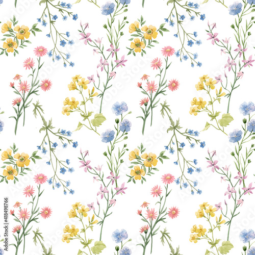 Obraz na plátne Beautiful seamless floral pattern with watercolor gentle spring flowers