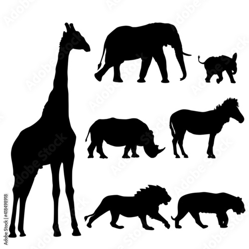 7 Wild lebende Tiere Silhouetten: Giraffe, Elefant, Nashorn, Zebra, Löwe, Tiger