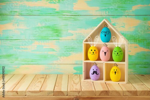 Canvas Print Easter holiday concept with colorful Easter eggs as cute bunny and chicken chara
