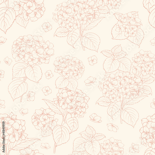 Seamless floral pattern with Hydrangea. Vector illustration.