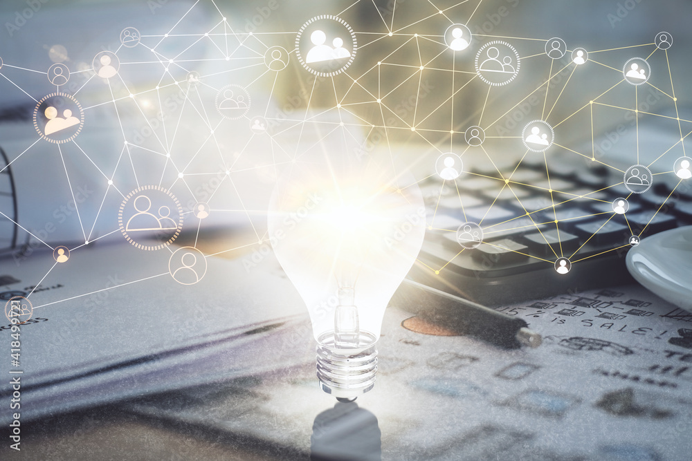 Naklejka premium Double exposure of social network theme drawings and desk with open notebook background. Concept of people connection