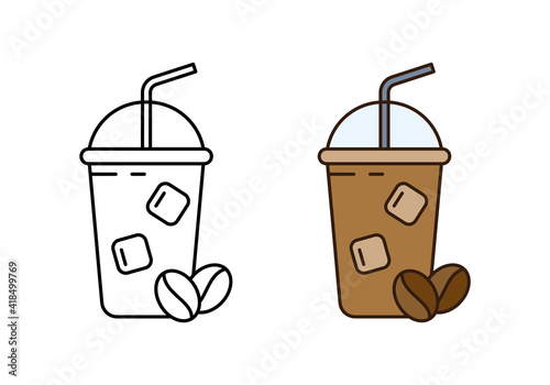 Ice coffee logo. Linear icon and color version. Black simple illustration of cold drink in plastic glass with straw, ice cubes, coffee beans. Contour isolated vector pictogram on white background