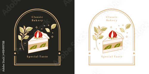 Hand drawn vintage cake, pastry, bakery logo elements with frame
